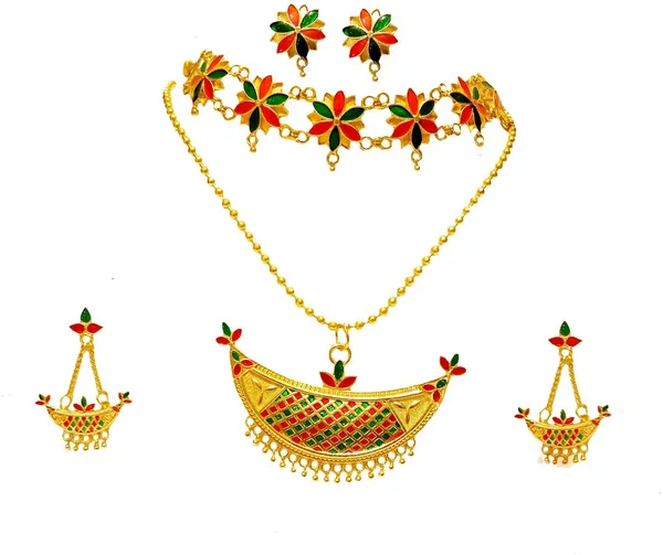 Assamese_Traditional_Gold_Plated_Red_Green_Colour_Combo_Jewellery_Set_For_Women